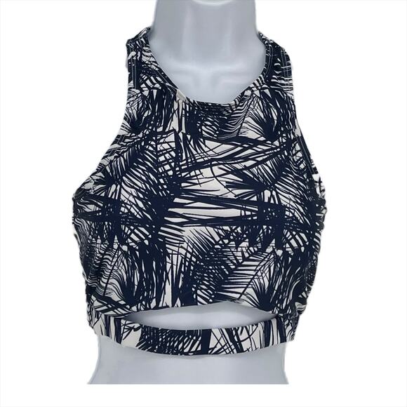 Cut-Out Bandeau Tankini with Palm Leaves in Blue and White Size Large - Picture 1 of 5